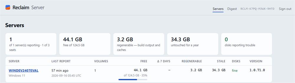 The fleet console's Servers page: servers reporting, free space, regenerable, stale, disks reporting trouble, and one row per server with its last report