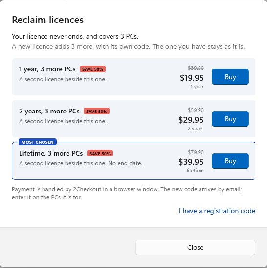 The licences window: 1 year, 2 years and lifetime for 3 more PCs, with the list price struck through and Lifetime marked Most chosen