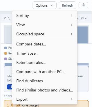 The Options menu: Sort by, View, Occupied space, Compare dates…, Time-lapse…, Retention rules…, Compare with another PC…, Find duplicates…, Find similar photos and videos…, Export