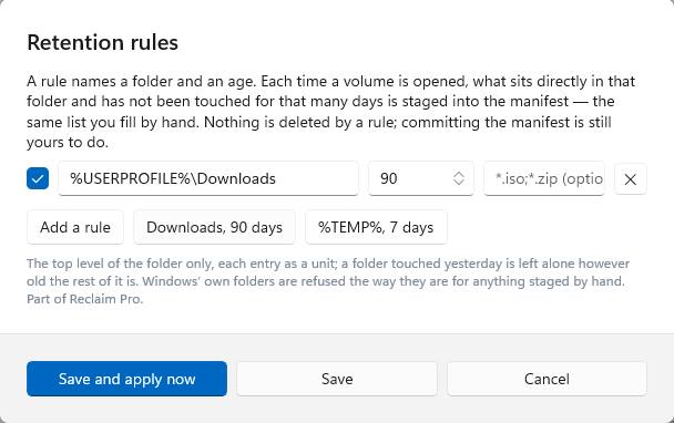 Retention rules: %USERPROFILE%\Downloads, 90 days, an optional pattern; Add a rule, the two presets, Save and apply now