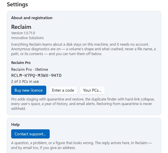 Settings on cards: About and registration with the code, Buy new licence, Enter a code and Your PCs; Help with Contact support